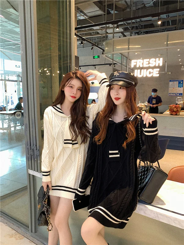 

Трикотажное платье для женщин, новинка осень-зима 2021, милые облегающие мини-платья с длинным рукавом и отложным воротником в корейском студ...