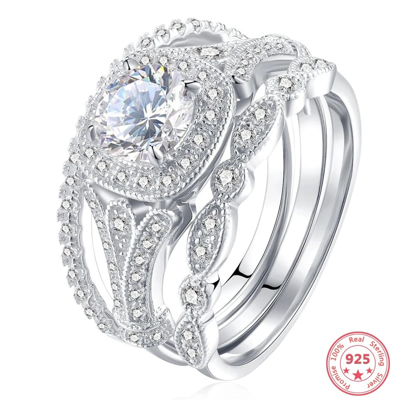 

HOYON 925 Sterling Silver color Jewelry with Natural Zircon Ring Set for Women Whtie Three Jewelry Diamond Gemstone Ring