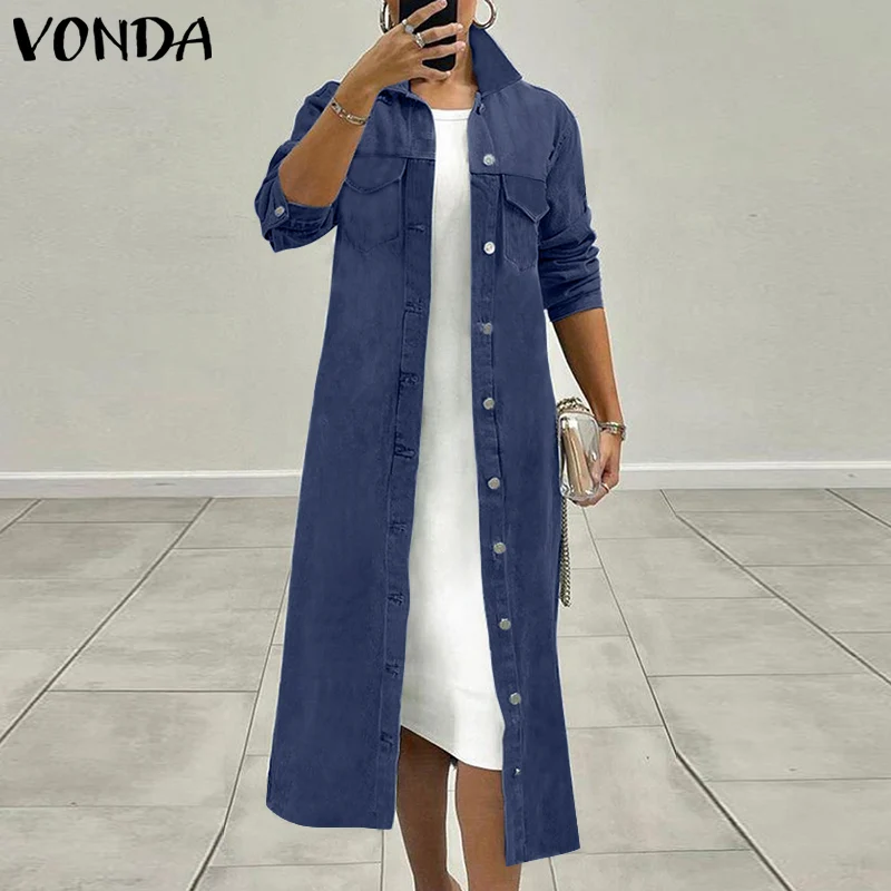 

Office Denim Shirts VONDA Women Casual Lapel Collar Long Cardigan Shirts Femme Solid Color Long Sleeve Blouse Elegant Blusas