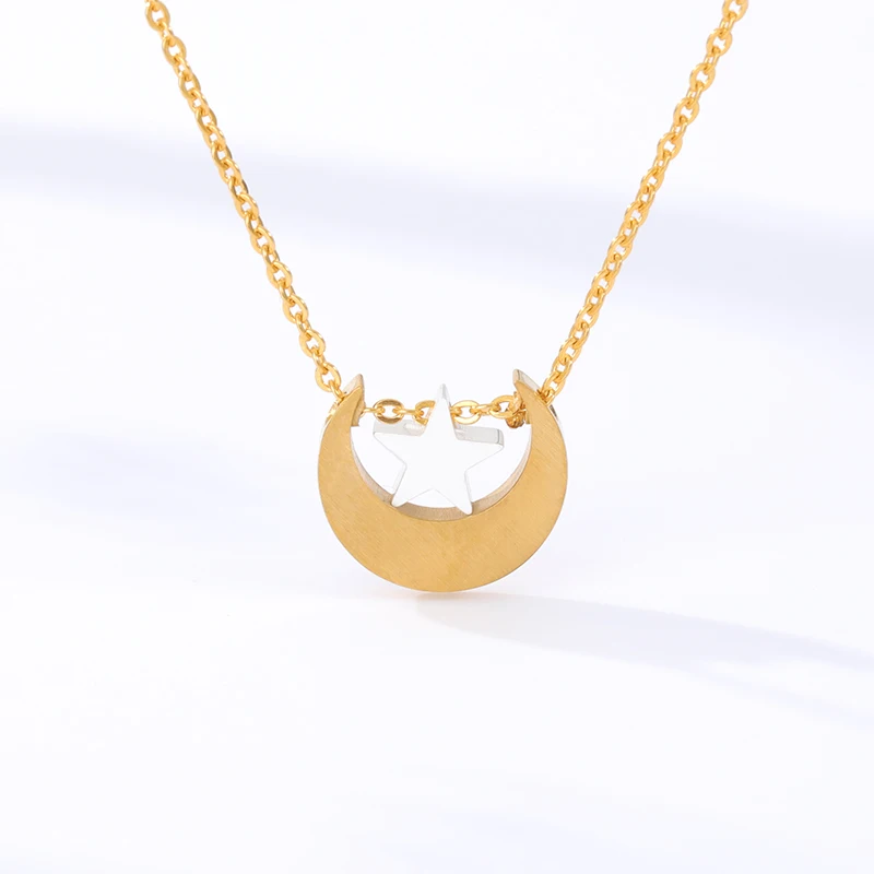 

Romantic Gold Silver Color Moon with Star Pendant Necklace For Women Stainless Steel Chain Chokers Jewelry Bff Gift Bijoux Femme