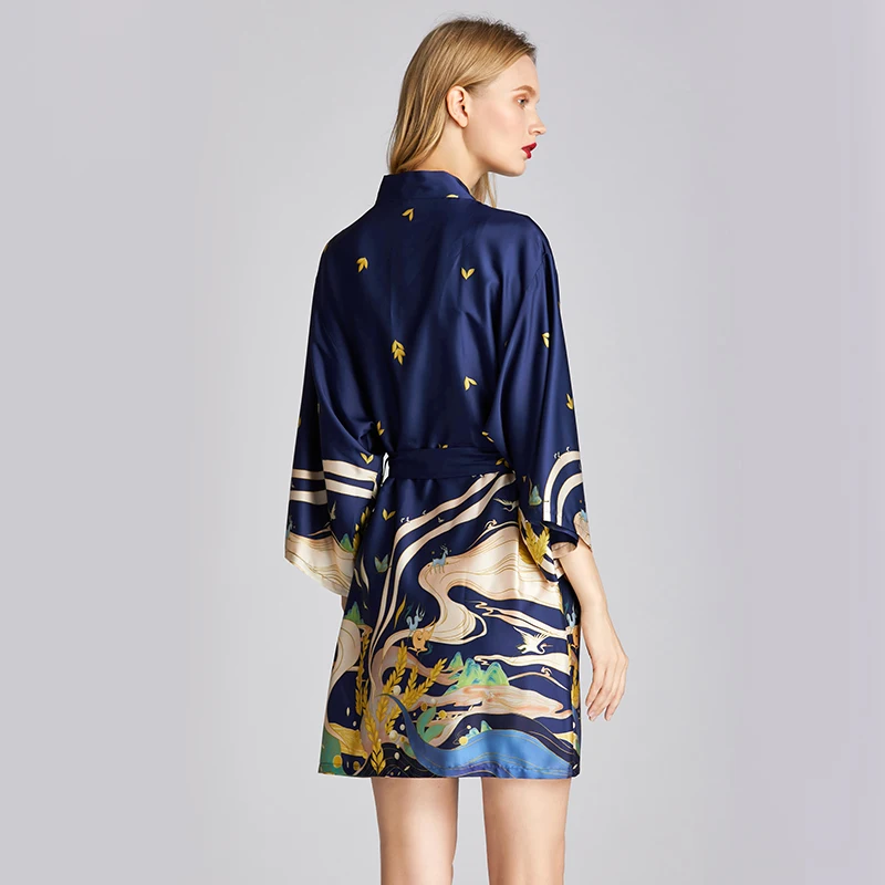 

Fashion Satin Digital Print Sexy Kimono Bride Dressing Women Sleep Wear Girl Night Gown S1605