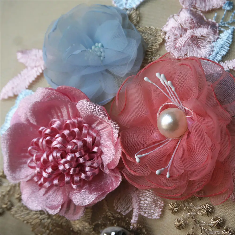 Розовая синяя 3D Цветочная кружевная ткань блестящие бусины бахрома вышитая