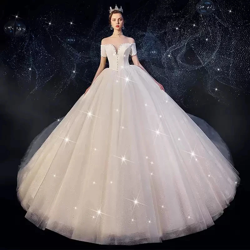 

One-Shoulder V-Neck Wedding Dress Short Tulle Lace Beaded Crystal Open Back Strapless Luxury White Women's Bridal Gown