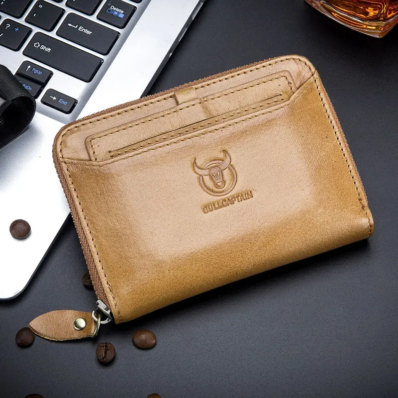 Brown BULLCAPTAIN мужской кошелек RFID Противоугонный кожаный бумажник мужской кошелек на молнии кошелек для карт держатель для карт - Цвет: Brown
