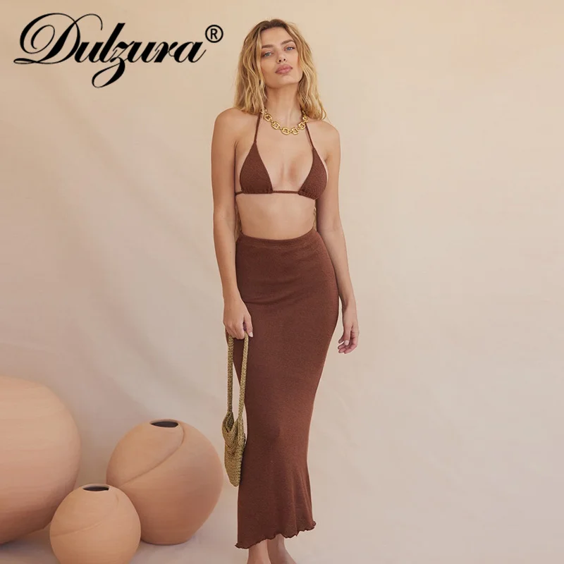 

Dulzura 2021 Summer Women Solid Halter Bra And Midi Skirt Set Lace Up Halter Crop Top Backless 2 Pieces Streetwear Beach Outfit