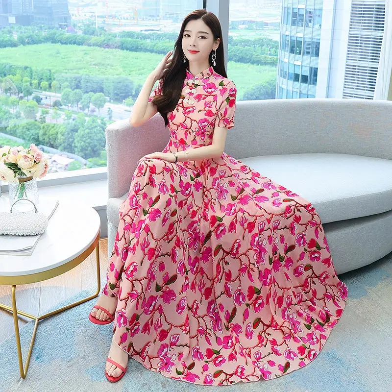 

Improved Cheongsam Floral Dress Summer 2021 New Female Retro Chiffon Dress Temperament Slim Elegant Big Swing Qipao 4XL zh1223