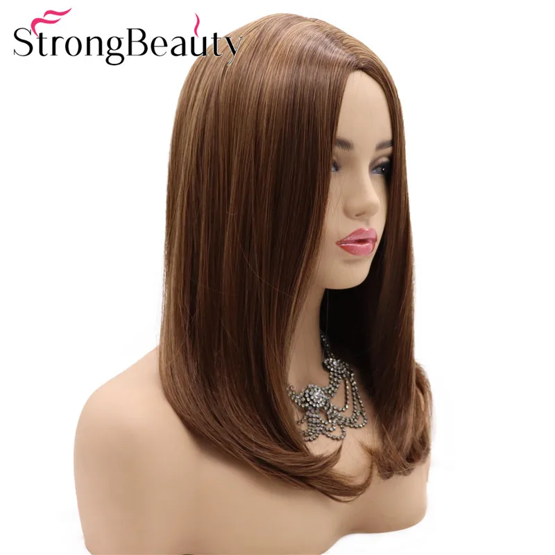 StrongBeauty Длинные прямые Парики Средний Auburn смешанные волосы средняя часть
