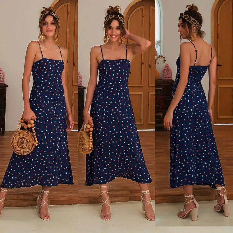 

Summer 2020 new women's long skirt women's color wave point sling sexy dress long skirt women's casual dot dress Vestidos