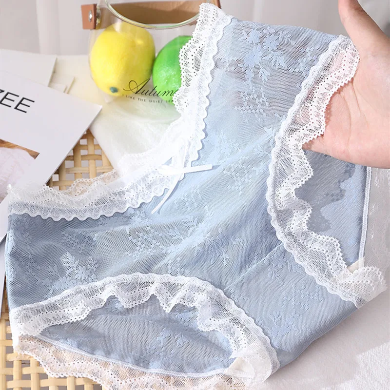

Sexy Lace Transparent Big Plus Cotton Panties for Women's Underwear Soft Seamless Mid Waist Female Underpants Briefs