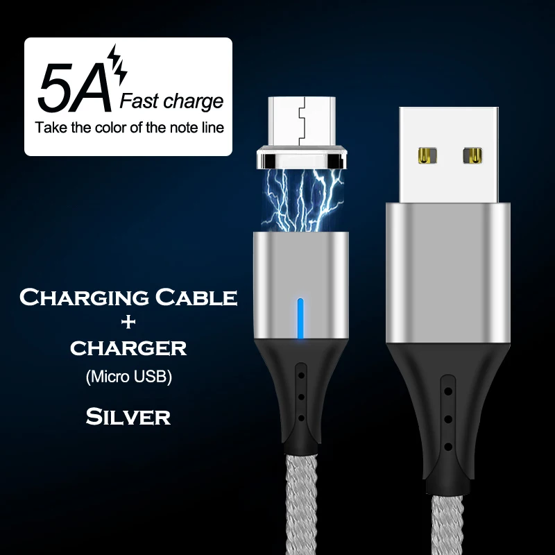 Silver Micro USB 5А Магнитный супер быстрый зарядный кабель Micro usb type C для huawei Lite P9/P10/P20 USB C для Iphone xiaomi Быстрая зарядка USB кабель - Цвет: Silver Micro USB