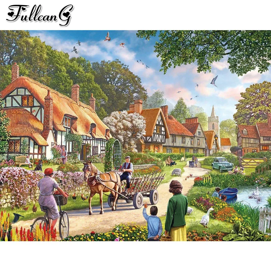 

Village scenery 5D DIY diamond painting cross stitch house full diamond embroidery landscape home decoration arts gift JX3012