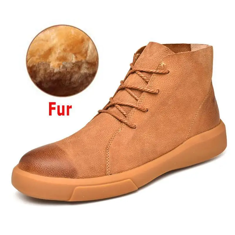Fur yellow Зимние мужские ботинки; теплые зимние ботинки; Мужская водонепроницаемая обувь; Рабочая обувь из натуральной кожи; мужские кроссовки; мужские ботильоны на резиновой подошве - Цвет: Fur yellow