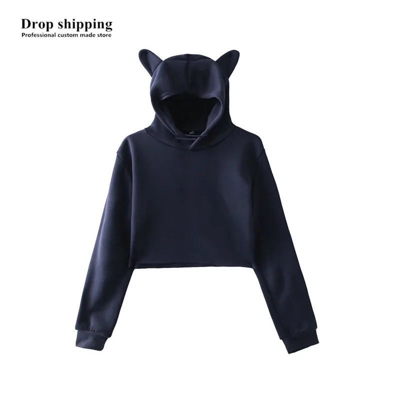 Drop Shipping Women/ Girls Crop Top Hoodies Grils Cat ears Pullovers Hooded Sweatshirts Shorts Tops Accept Custom made Logo DIY | Женская