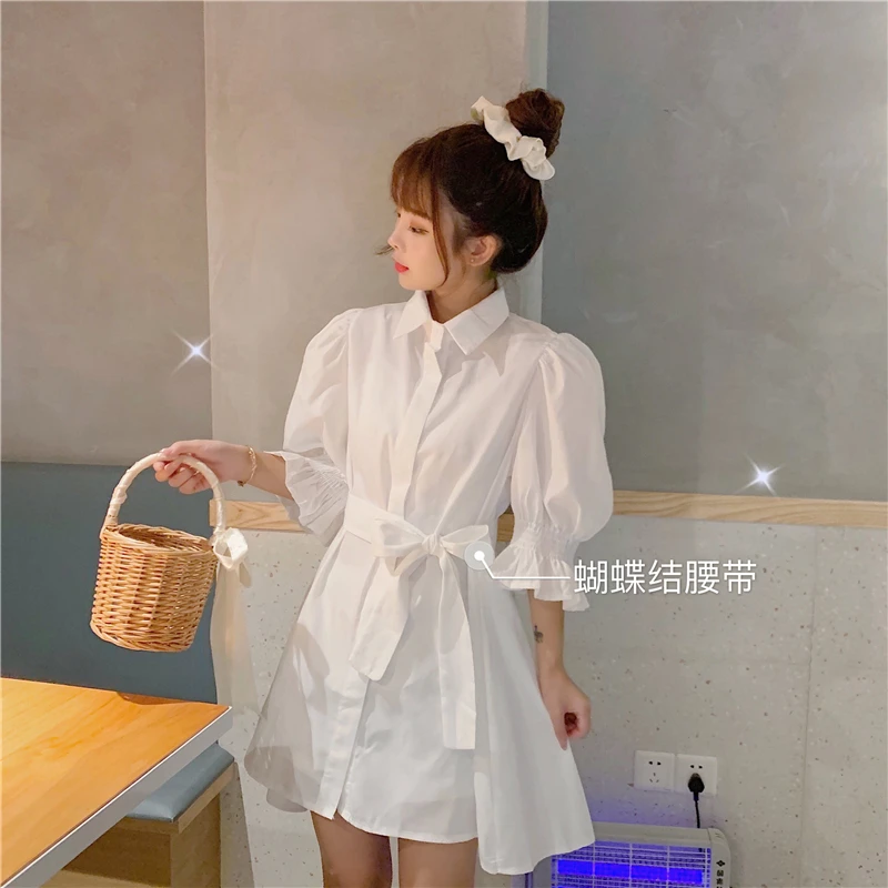 

Preppy Style Puff Short Sleeve White Shirt Dress Small Fairy Lady Super Fairy Mori Style First Love Rural Sweet Summer