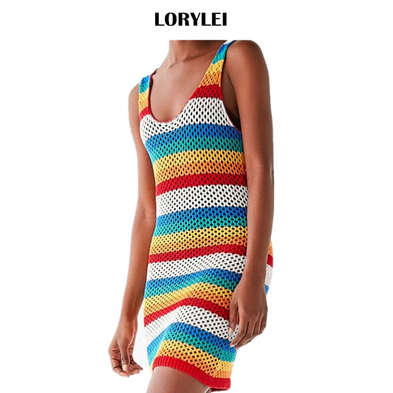 Женское трикотажное платье туника разноцветное пляжное мини в полоску без