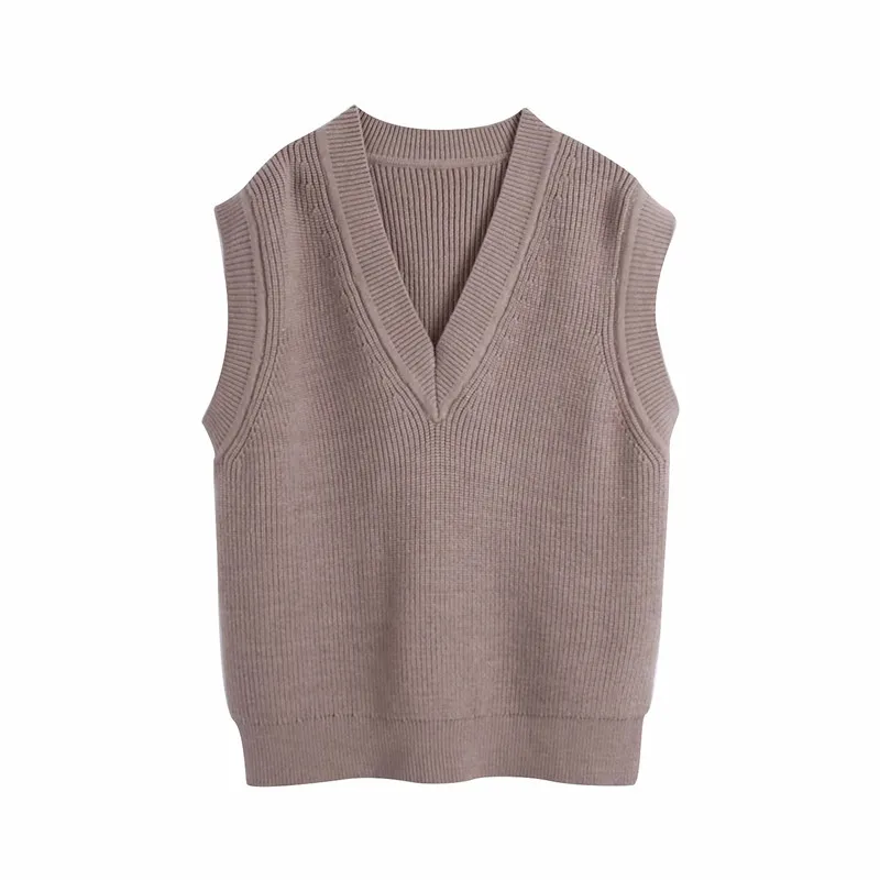 

Women Sprint Autumn Casual V-neck Sleeveless Za Coffee Color Long Sweaters Female Elegant Knitted Pullover Vest Oversize