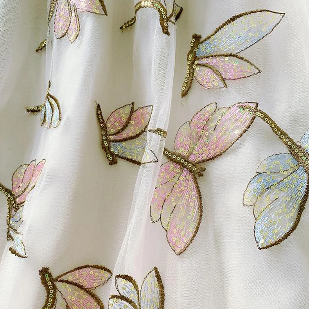 

Vintage Long Tulle Blue Skirt Jupe Femme Sequined Dragonfly Embroidery Skirt Women Summer Mesh Yarn Gauze Pleated Maxi Skirt