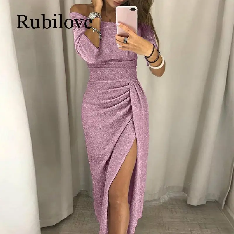 Rubilove, Сексуальные вечерние платья с открытыми плечами, женское облегающее платье с высоким разрезом, Осеннее яркое шелковое блестящее платье с рукавом три четверти