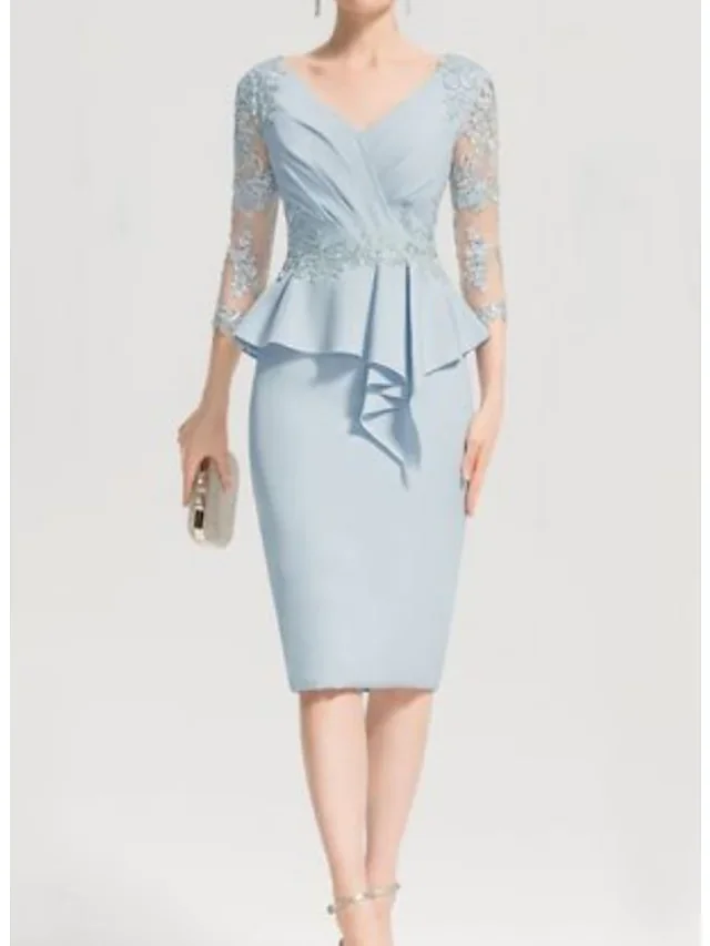 

Light Blue Plus Size Mother Of The Bride Dresses Sheath Appliqued Short Groom Mother Dresses 3/4 Sleeve Robe Mere De Marrie