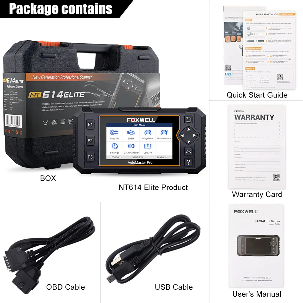 Foxwell NT614 Elite OBD2 автомобильный диагностический инструмент OBD2 считыватель кодов ENG/ABS/SRS/SAS+ EPB/масляный Сервис Сброс ODB2 OBD2 автомобильный сканер - Цвет: obd2 car disgnostic