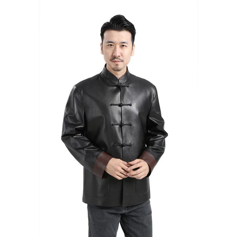 

Middle aged and old people's leather jacket, sheepskin, Tang style leather jacket, Chinese style leisure stand collar leather
