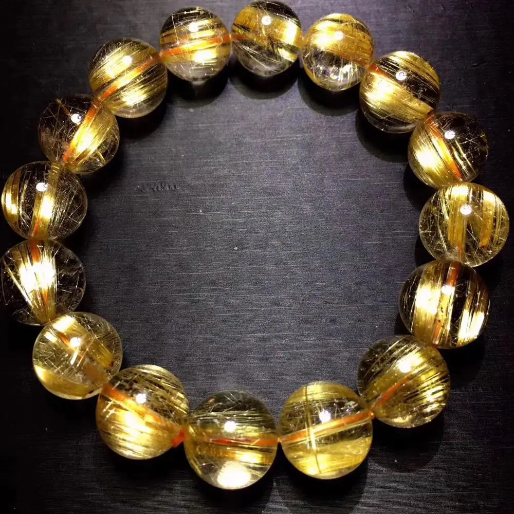 

13mm Real Natural Brazil Gold Rutilated Bracelet For Woman Man Crystal Titanium Round Beads Stretch Jewelry AAAAA Certificate