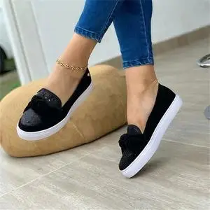 Женские туфли на плоской подошве женские блестящие без застежек обувь с бантиком