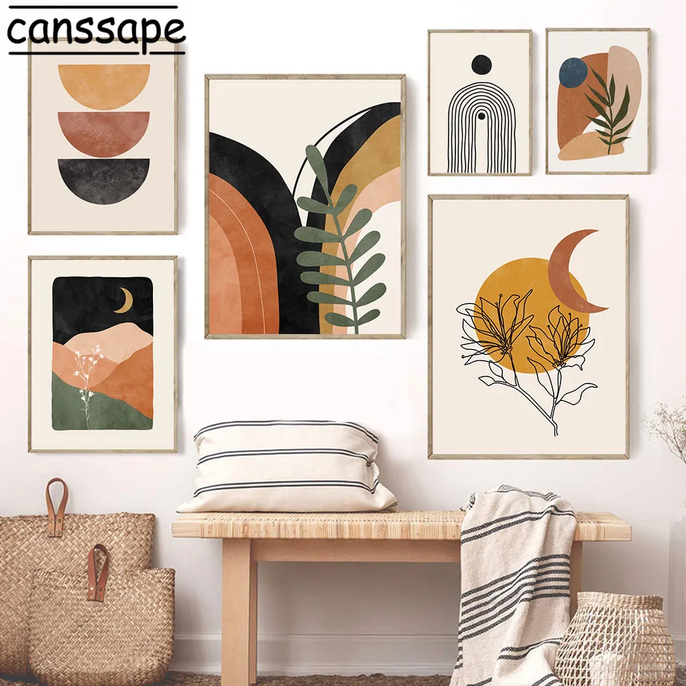 Abstract Wall Art Painting Sun Moon Landscape Posters Line Geometry Canvas Print Boho Pictures For Living Room Decoration | Дом и сад