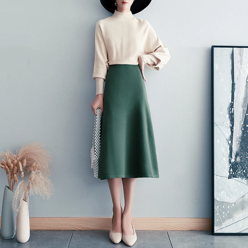 2021 New Fall Winter Ensembles Femme Casual Pullovers Sweater Tops + Dark Green A-Line Skirt Two Piece Sets Womens Outfits s1254