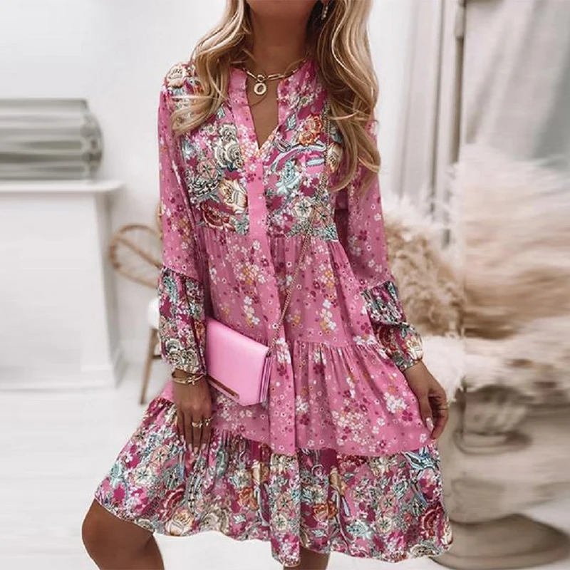 

Женское платье с оборками и V-образным вырезом, свободное розовое платье с цветочным принтом в богемном стиле, повседневное праздничное офисное платье для осени 2021
