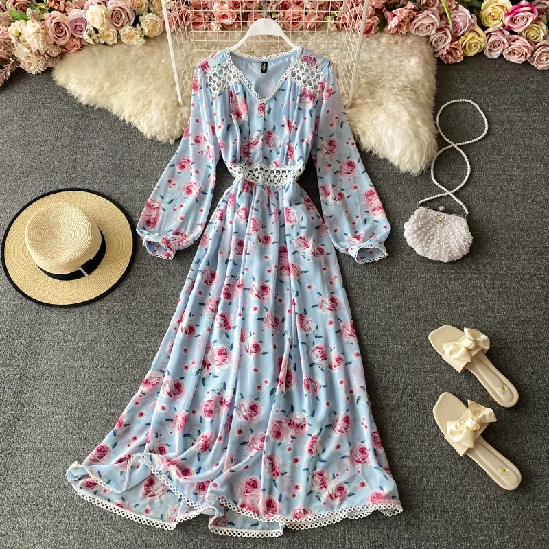 

Women's Hollow Out Chiffon Long Dress Vintage V-Neck Blue/Beige/Pink Floral Printed Long Sleeve Vestidos Fashion Spring Autumn