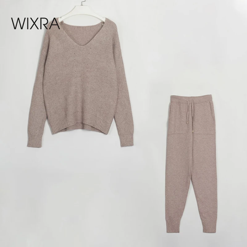 

Женский Повседневный Спортивный костюм Wixra, свитер с v-образным вырезом + штаны с карманами на завязках, осенне-зимний женский комплект из 2 п...