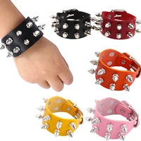 new punk gothic rock double row metal cone stud spikes rivet pu leather wristband bangles for men women bracelet unisex jewelry