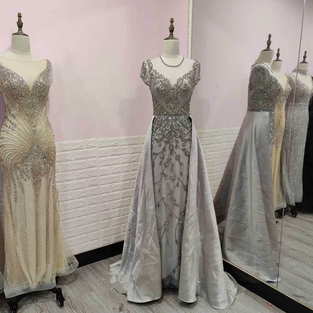 

YQLNNE Elegant Silver Cap Sleeve Long Evening Dresses Rhinestones Tulle Formal Party Gown For Women Abendkleid