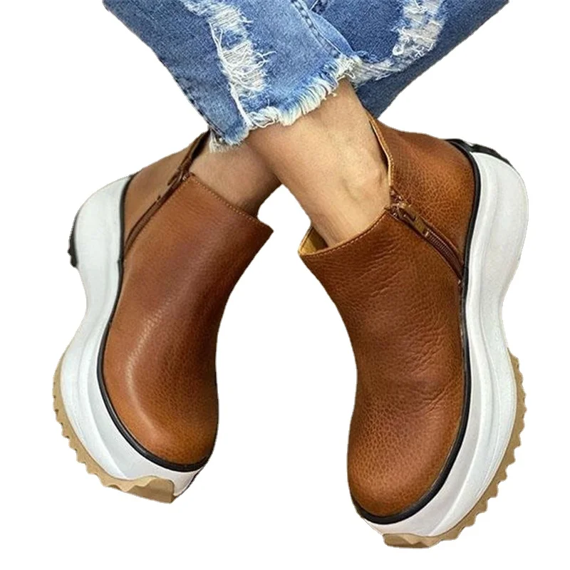 Plus Size 43 New Winter Wedges Women Boots Comfortable Ankle Boots Shoes Round Toe Lace Up and Zip Thicken Botas De Mujer