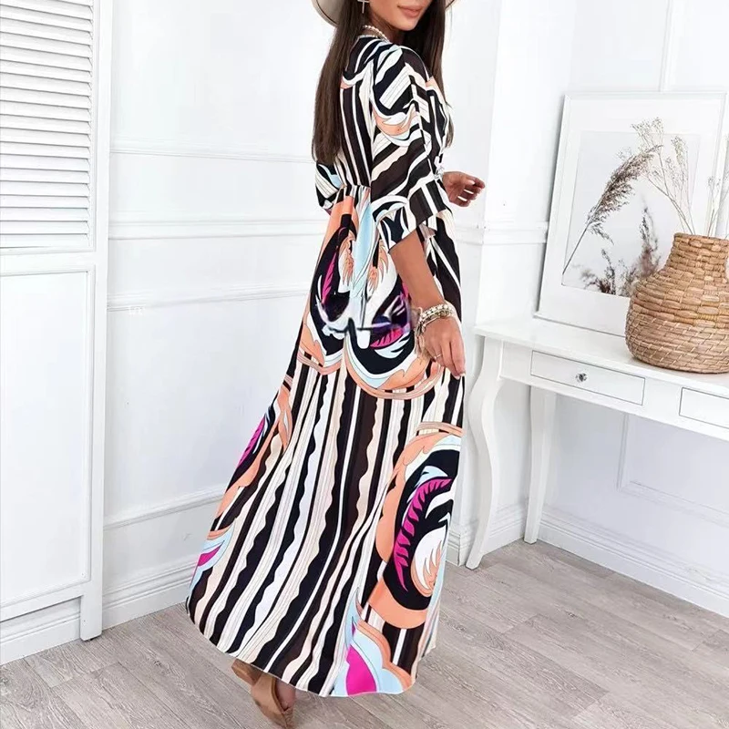 

Casual Summer 2021 Beach Party Dress Women Printed Maxi Dress Elegant Temperament V-neck Half Sleeve Loose Waist Dresses Vestido