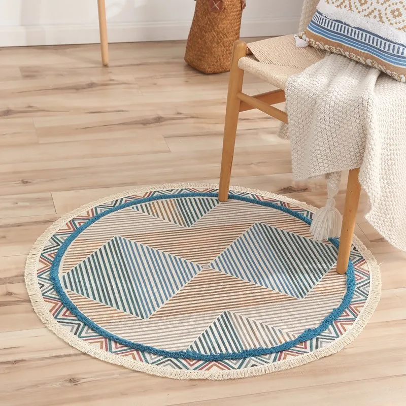 

Round Cotton Linen Tassels Rug Yarn Dyed Tapestry Mat Home Decoration Carpet For Living Room Bedroom