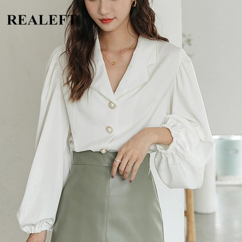 

REALEFT 2021 New Women's Blouse Autumn Korean Office Lady Style Turn Down Pearl Collar Casual Loose Solid Color Chiffon Shirt