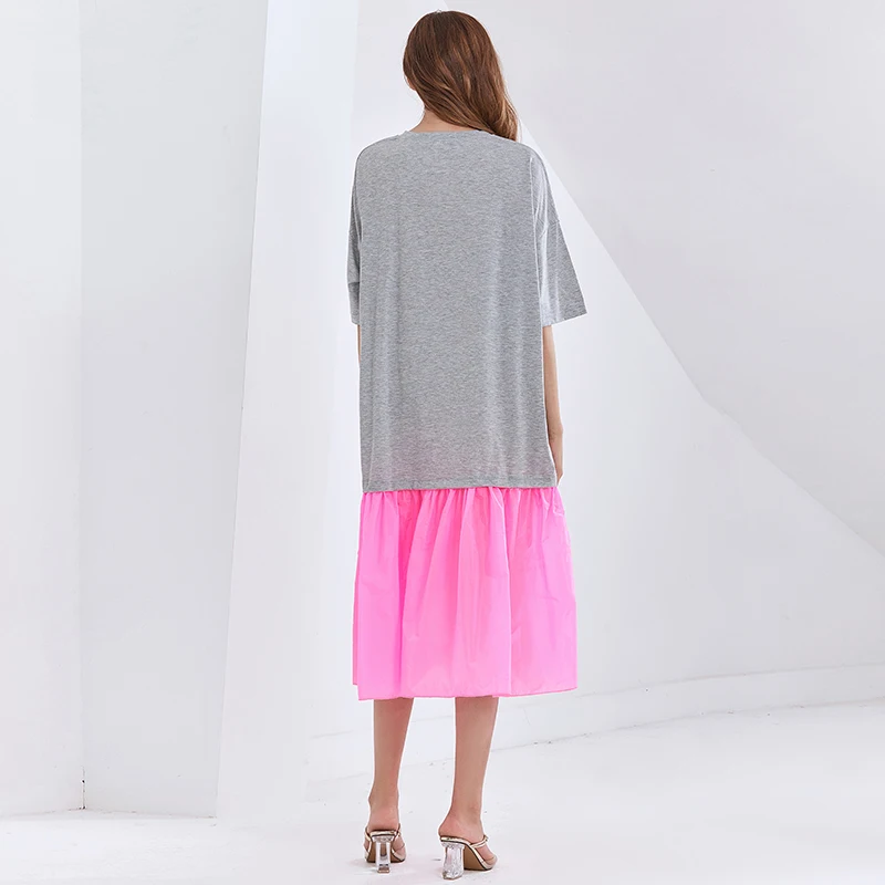

TWOTWINSTYLE Hit Color Casual Dress For Women O Neck Short Sleeves Oversized Loose Female Dresses Homewear 2021 Fashion New