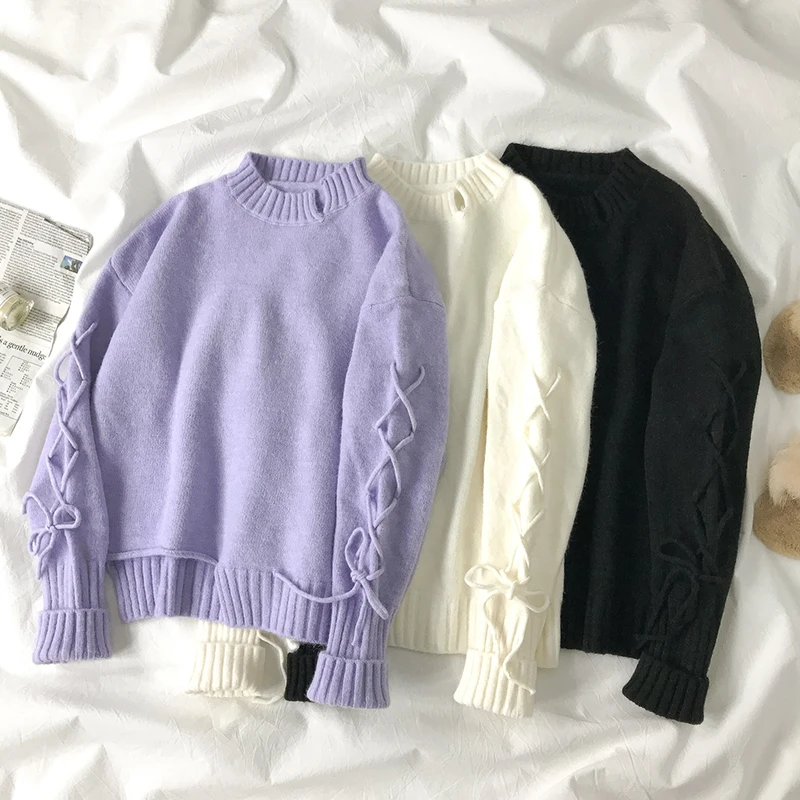 

2020 New Autumn Winter Women Sweaters Preppy Style Sweet Solid Lacing Sueter Mujer Korean Office Lady Basics Knit Pullovers