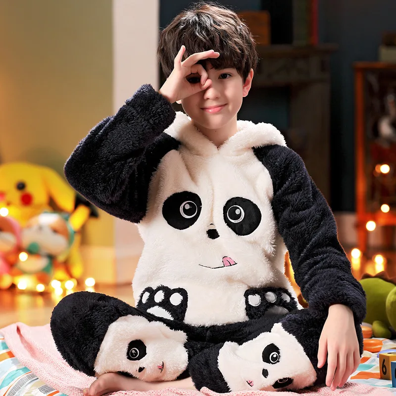 Pijamas de franela gruesa para ni&ntilde;os de mediana edad, pijamas de lana de Coral, trajes de servicio a domicilio de dibujos animados, Oto&ntilde;o e Invierno-0