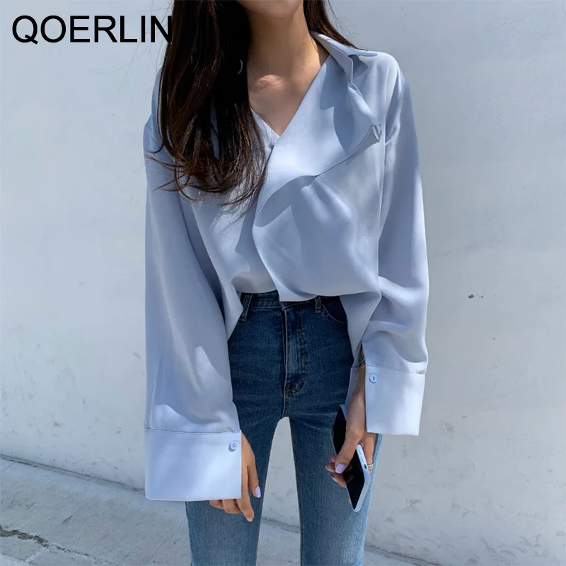 

QOERLIN Chic Blue Shirts V Neck Shirt Sleeve Top Blouse Office Ladies Loose Ruffles White Solid Shirt Office Ladies Korean Style