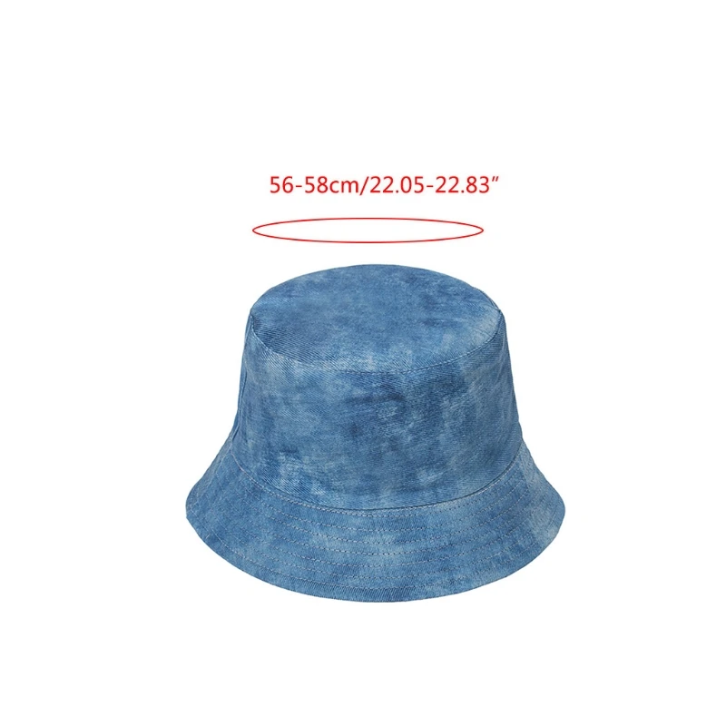 

Women Men Vintage Washed Denim Bucket Hat Harajuku Tie-Dye Print Reversible Wide Brim Sunscreen Panama Fisherman Cap