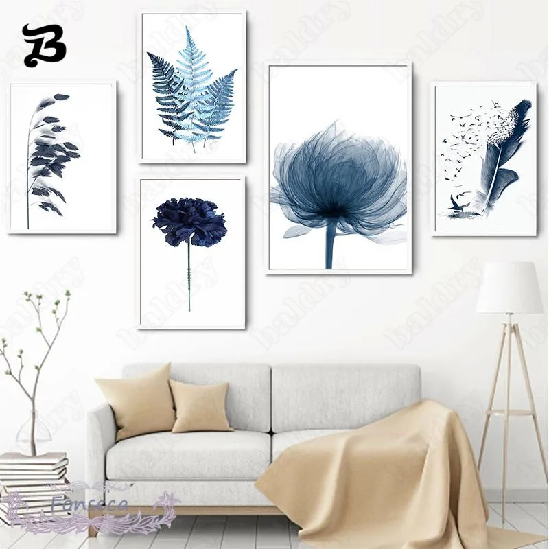 

Nordic Modern Blue Flowers and Natural Scenery Canvas Painting Posters Prints Wall Art Simple Picture for Living Room Decoration