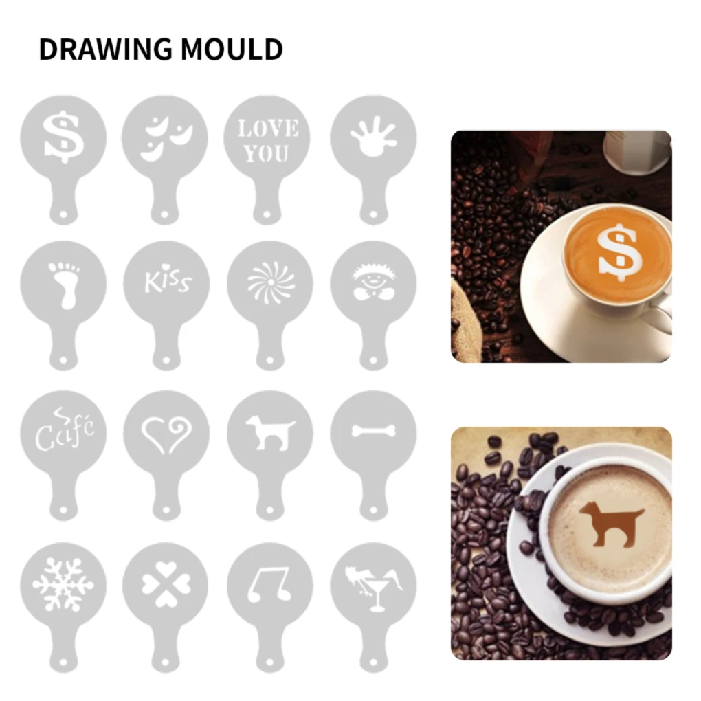 

16Pcs Coffee Stencils Fancy Coffee Printing Model Foam Spray Cake Stencils Coffee Drawing Cappuccino Mold Powdered Sieve Tools