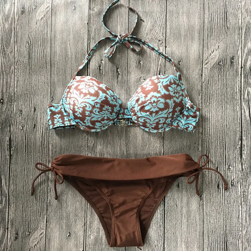 

Brown Retro Printed Super Gathered Bandage Split Bikini Swimsuit Swimsuits Two Piece High Waisted Swimsuit Micro Bikini