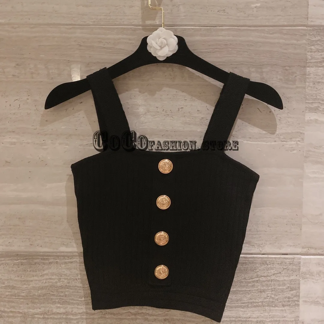luxury designer womens braned knitted sexy slim fits crop cute tops with gold buttons tank top women stretch clothes Camis Tanks
