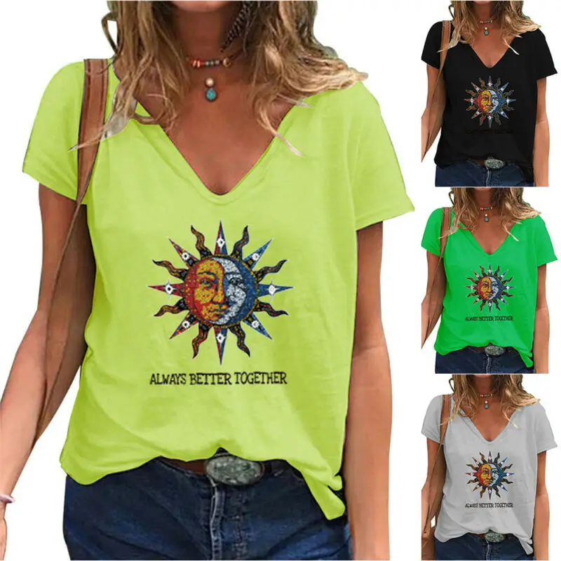 

Women Summer Sun Print V Neck Loose T-Shirt Casual Short Sleeve Tee Tops Blouse
