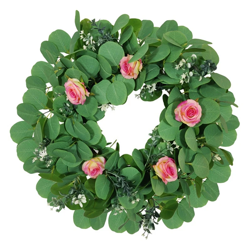 

Artificial Rose Flower Eucalyptus Wreath Green Leaf Garland for Home Office Front Door Wall Window Party Wedding Decor