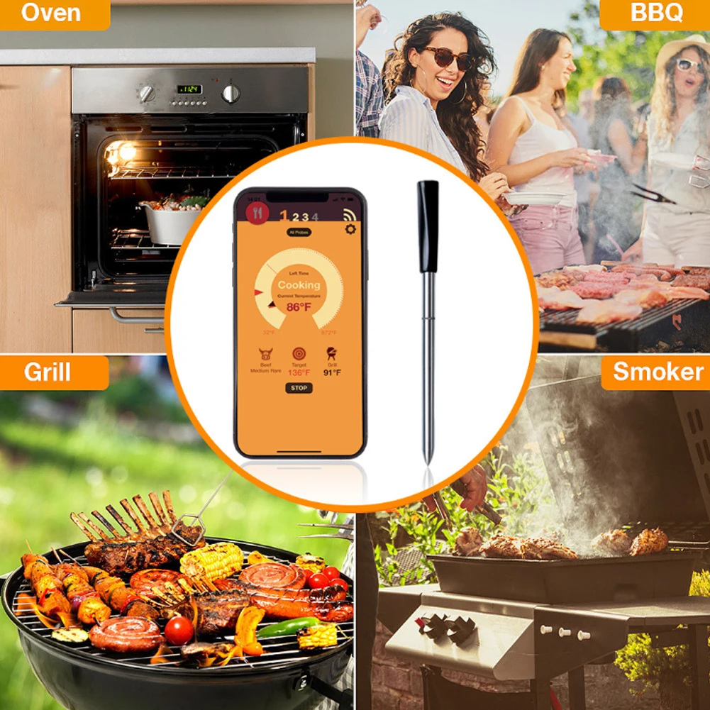 

Smart Wireless Bluetooth Barbecue Meter Kitchen Cooking Baking Steam Oven Food Thermometer BBQ Oil Temperature Probe APP Control